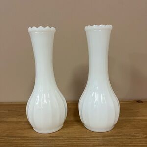 Vintage Ribbed Milk Glass Bud Vase Pair